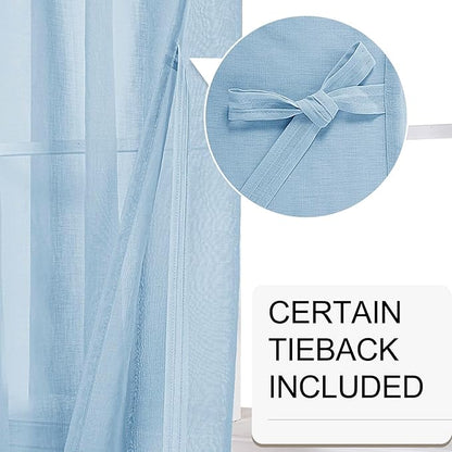 XWZO Sheer Curtains 84 Inches Long for Bedroom, Light Filtering Faux Linen Grommet Window Curtains for Living Room, Kids Room, Study with Tiebacks, Baby Blue, W52 x L90, Set of 2 Panels