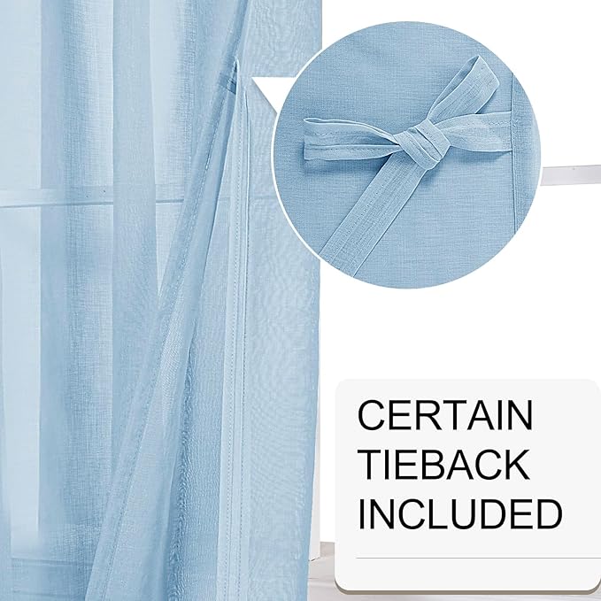 XWZO Sheer Curtains for Bedroom, Light, Airy & Light Filtering Grommet Window Curtains for Living Room, Sliding Door with Tiebacks, Sky Blue, 52 x 63 Inches Length, Set of 2 Panels