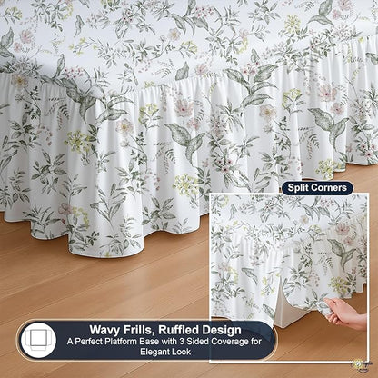 Cottington Lane Ruffled Bed Skirt Twin Size with Split Corner, Brushed Microfiber Hotel Quality Dust Ruffle, 15 Inch Drop Gathered Bedskirt, Soft, Stylish, Shrink & Fade Resistant, Morning Petals