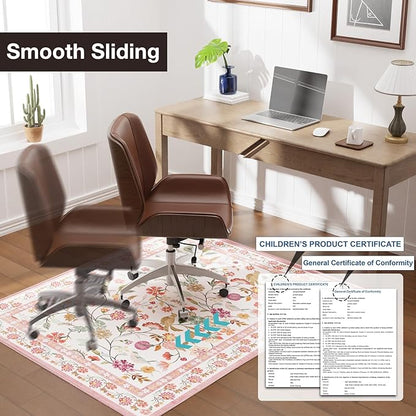 40"x50" Pink Floral Office Chair Rug, Easy to Clean Computer Chair Rug, Under Desk Rugs for Home Office, Desk Rugs for Rolling Chairs, Floor Mat for Hardwood Floors, Desks Carpet for Tile Floor