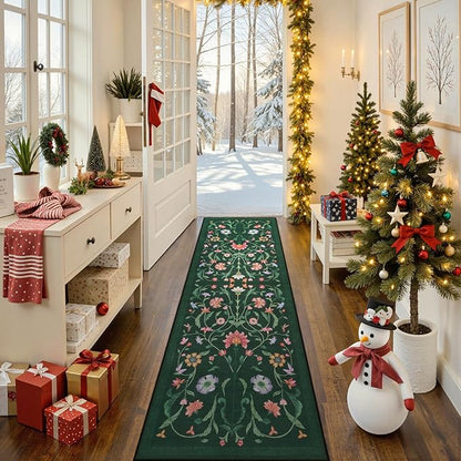 LIVEBOX Hallway Runner Rug - Boho Floral 2'6"x8 Washable Runner Rug, Non-Slip Kitchen Runners, Soft Low-Pile Non-Shedding Carpet Runners for Hallways EntryWay Bedroom Bathroom Farmhouse(2.5x8ft,Green)