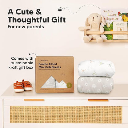 2-Pack Mini Crib Sheets Fitted - 38x26 Pack N Play Sheets for Pack and Play Mattress, Organic Cotton, Soft & Breathable Playard Bedding, Neutral Mini Toddler Bed Cover for Boys, Girls (Meadow)