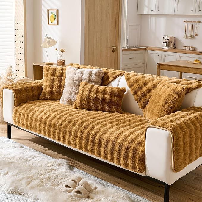 Faux Fur Couch Cover Fuzzy Soft Plush Thick Bubble Sofa Cover Luxury Sectional Couch Covers Luxury Anti-Slip Sofa Slipcover Washable Furniture Protector (Brown Yellow,36"x47")