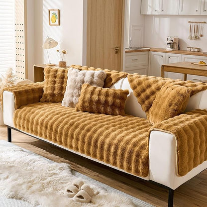 Faux Fur Couch Cover Fuzzy Soft Plush Thick Bubble Sofa Cover Luxury Sectional Couch Covers Luxury Anti-Slip Sofa Slipcover Washable Furniture Protector (Brown Yellow,36"x94")