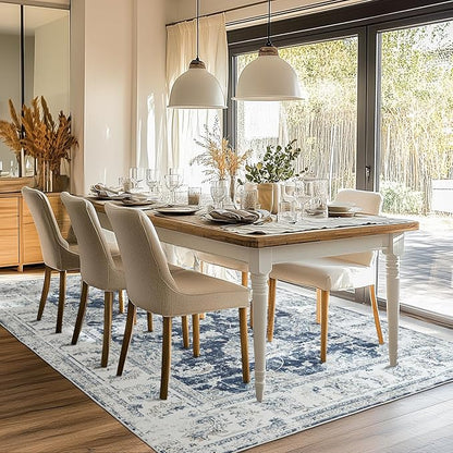 jinchan Fiora 10x12 Area Rugs for Living Room - Machine Washable Vintage Floral Distressed Design Stain Resistant Carpet Low Pile Non-Slip Large Rug for Bedroom Dining Room (10'x12', Dark Blue)