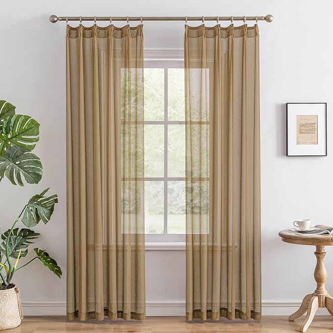 MAIHER 90 Inch Length Pinch Pleat Sheer Curtains for Bedroom Living Room Soft Touch Voile Light Filtering Pleated Drapes with Adjustable Hooks, Khaki, 42" W x 90" L, 2 Panels