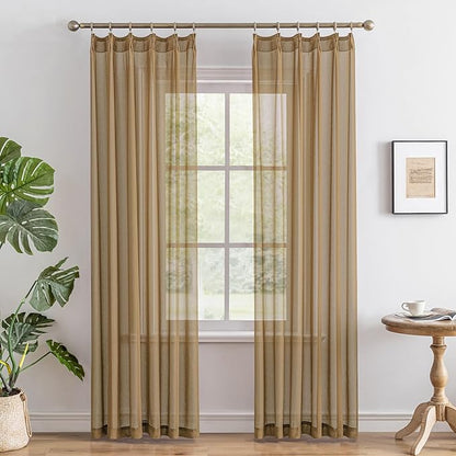 Pinch Pleat Khaki Sheer Curtains 84 Inches Long Light Filtering Light Taupe Drapes for Bedroom Farmhouse Soft Touch Lightweight Pleated Drapes with Adjustable Hooks, Khaki, 42"W x 84"L, 2 Panels