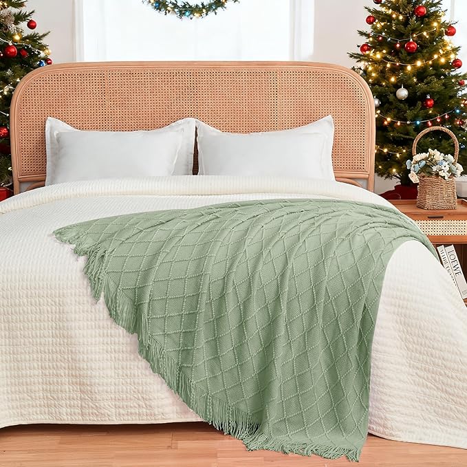 inhand Basil Green Christmas Throw Blanket for Couch, Gifts for Women Soft Living Room Home Decor Knitted Blanket, Outdoor Lightweight Breathable Blanket, Farmhouse Warm Woven Decorative, 50"x60"