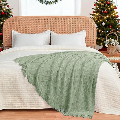 inhand Basil Green Christmas Throw Blanket for Couch, Gifts for Women Soft Living Room Home Decor Knitted Blanket, Outdoor Lightweight Breathable Blanket, Farmhouse Warm Woven Decorative, 50"x60"