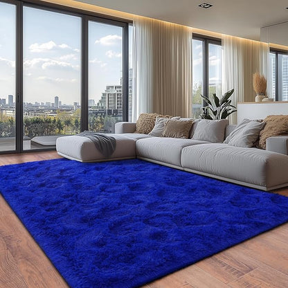 Extra Large 9x12 Feet Fuzzy Rug Blue Fluffy Rug for Living Room, Big Plush Non-Skid Shag Carpet, Soft Shaggy Rugs for Bedroom Indoor Modern Home Decor