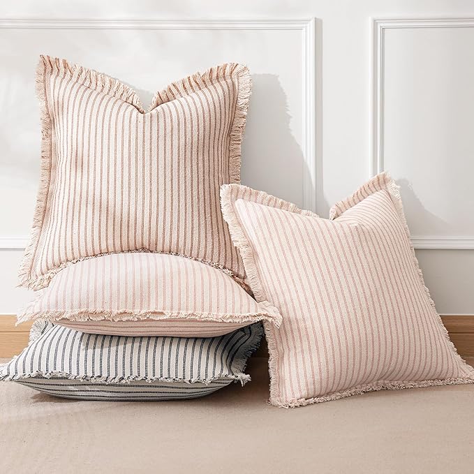 MIULEE Pack of 2 Pink Pillow Covers 20x20 Inch Striped Farmhouse Couch Spring Throw Pillow Covers with Fringe Chic Cotton Decorative Cushion Covers for Sofa Living Room Bed Outdoor Home Decor