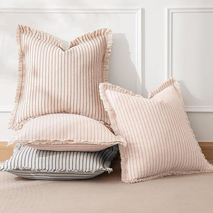 MIULEE Pack of 2 Pink Pillow Covers 20x20 Inch Striped Farmhouse Couch Spring Throw Pillow Covers with Fringe Chic Cotton Decorative Cushion Covers for Sofa Living Room Bed Outdoor Home Decor