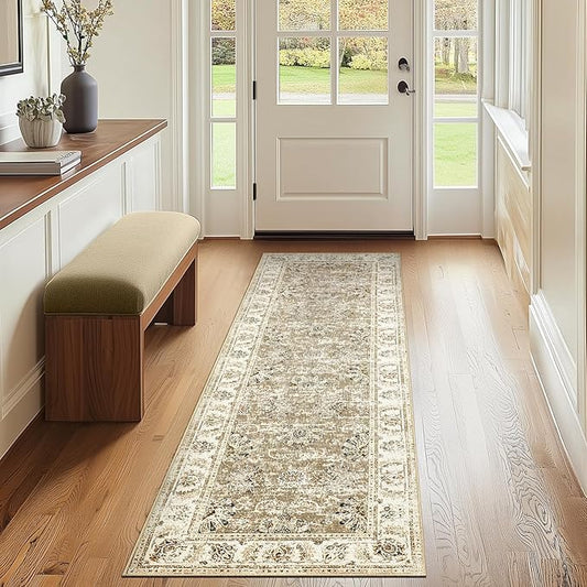 jinchan Fiora Runner Rug 2x6 Machine Washable Hallway Rug Taupe Vintage Floral Print Non-Slip Low Pile Ultra-Thin for Kitchen, Entryway, Laundry Room, Bedroom, Farmhouse (2‘x6’, Taupe)