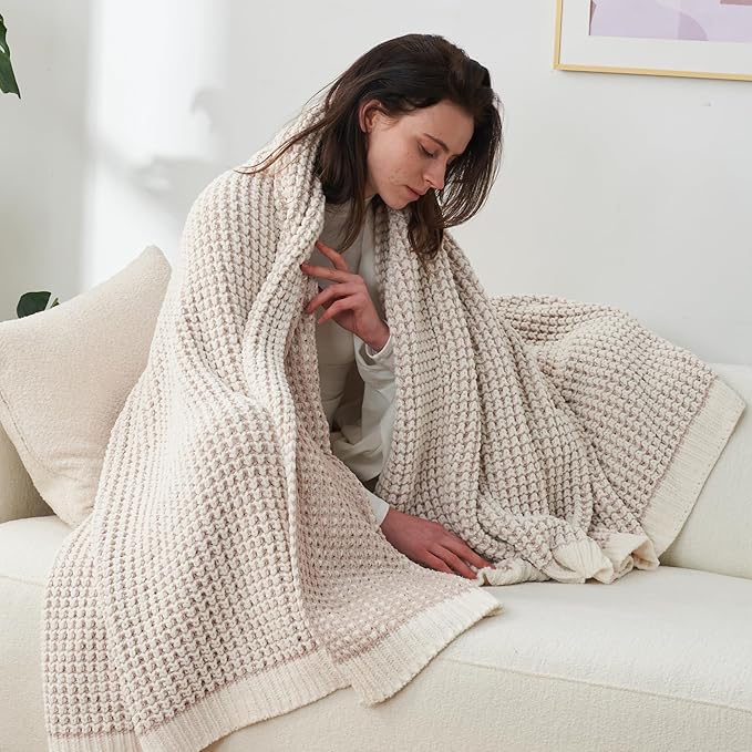 Amélie Home Waffle Chenille Throw Blanket for Couch, Pineapple Stitch Knit Soft Cozy Knit Blanket Decorative Throw for Sofa, Chair, 50"x60", Beige&Ivory