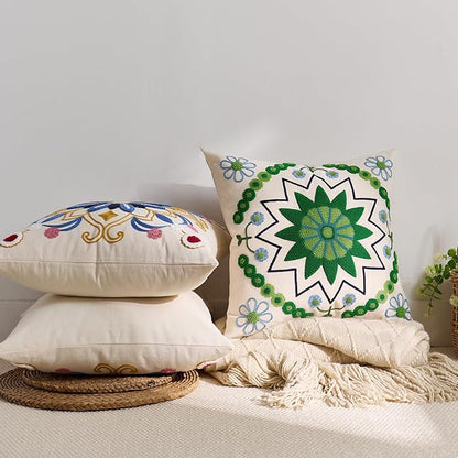 Embroidered Throw Pillow Cover 20x20 Classic Boho Floral Pattern Pillows Cover Outdoor Decorative Pillowcase,Durable Cozy Textured Cushion Case for Sofa Couch Bed Living Room,Green