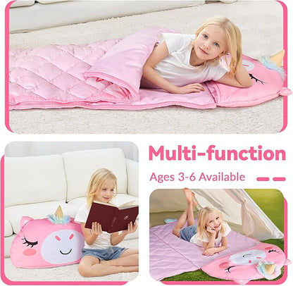 iPlay, iLearn Kid Sleeping Bag, Unicorn Slumber Sack, Toddler Girl Nap Mat, 2 in 1 Pink Animal Cushion Blanket, Happy Travel Sleepover Daycare Preschool Birthday Gift for 3 4 5 6 Year Old Child