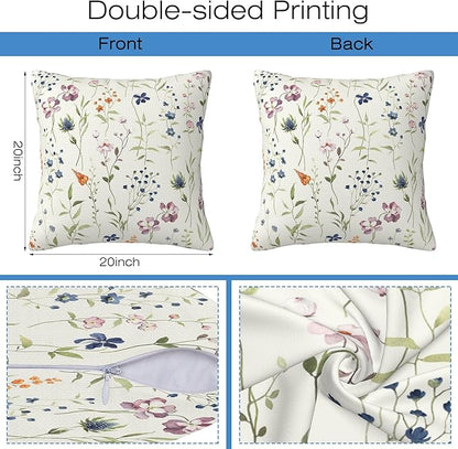 Throw Pillow Covers Spring Summer Floral Pillow Covers 20x20 Inch Set of 2 Watercolor Flowers Throw Pillows Decorative Pillow Cases Cushion Covers for Bedroom Livingroom Sofa Farm House