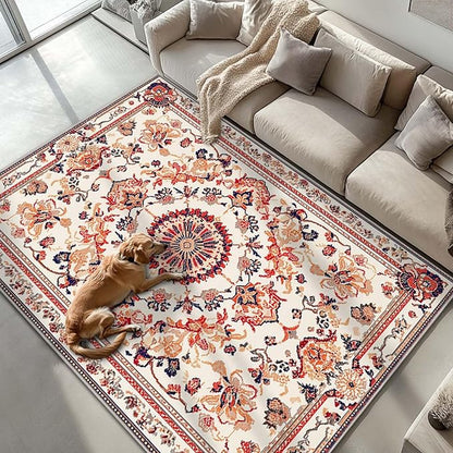 6x9 Traditional Oriental Area Rug Boho Orange White Rug Non Slip Low Pile Large Carpet for Home Kitchen Living Room Bedroom Dining Room Office