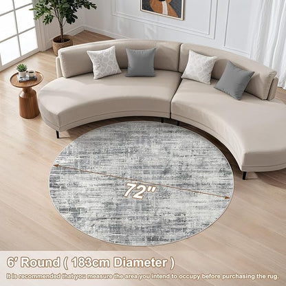 6ft Round Area Rug for Living Room: 6x6 Washable Neutral Abstract Modern Soft Rugs Non Slip Indoor Floor Stain Resistant Carpet for Bedroom Dining Room Office Nursery - Gray