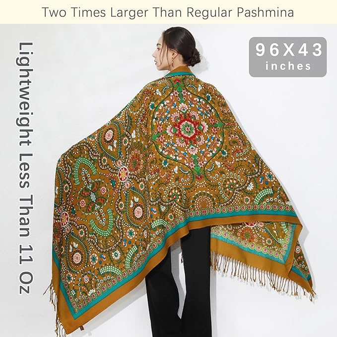 DANA XU 100% Merino Wool Pashmina Shawl for Women 96"x43", Oversized Cashmere Wrap with Tassels, Floral Travel Blanket Cape