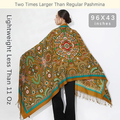 DANA XU 100% Merino Wool Pashmina Shawl for Women 96"x43", Oversized Cashmere Wrap with Tassels, Floral Travel Blanket Cape