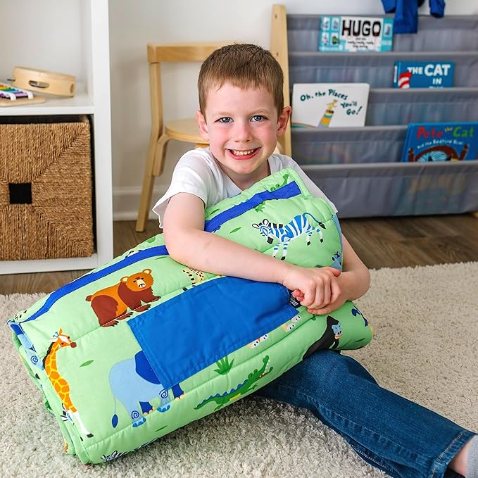 Wildkin Kids Original Nap Mat – Cozy Kids Sleep Mat with Pillow, Ideal for School & Travel - Wild Animals