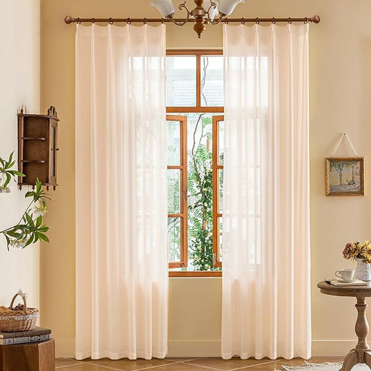Pink Pinch Pleat Sheer Curtains 84 Inches Long for Girls Bedroom Light Filtering Privacy Tree Branch Semi Voile Pleated Drapes with Ajustable Hooks (No Rings), Soft Pink, 42"W x 84"L, 2 Panels