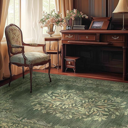 jinchan Green Floral 5x7 Area Rugs for Living Room - Machine Washable Distressed Vintage Design Soft Low-Pile Non-Slip Christmas Carpet for Dining Room Bedroom Home Office Nursery (5x7ft, Dark Green)