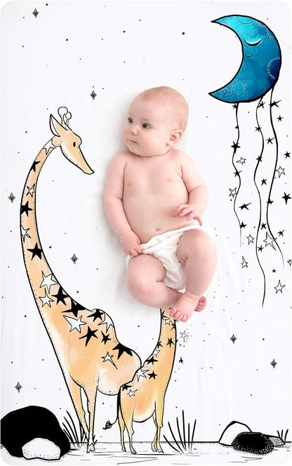 JumpOff Jo – Fitted Mini Crib Sheet (24 x 38 x 5 Inches) - Fits Portable Crib, Playard, and Playpen Mattresses and Mats - Soft 100% Cotton – Giraffe & A Calf