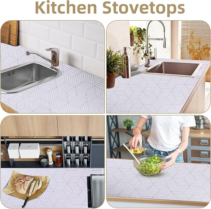 Shelf Liners for Kitchen Cabinets Non Adhesive Shelf Liner Paper Non-Slip Thickened Drawer Liner Easy to Clean for Tool Box Refrigerator with Knife and Tape Measure, Silver Geometric, 17.3 x 236.2 in