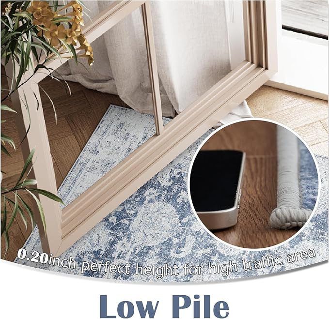 jinchan Fiora Washable Area Rug 3x5 Entryway Rug Distressed Vintage Floral Ultra-Thin Low-Pile Soft Non-Shedding Indoor Floor Carpet for Kitchen Bedroom Entrance Laundry Living Room(3x5ft, Dark Blue)