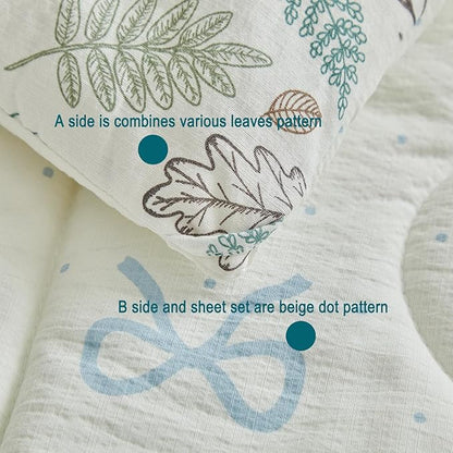 JHXHMX 4 Pieces Toddler Bedding Set for Girls,Leaves Pattern Toddler Comforter Set,Soft Crib Bed Set Including Comforter,Sheets and Pillowcase-Leaf