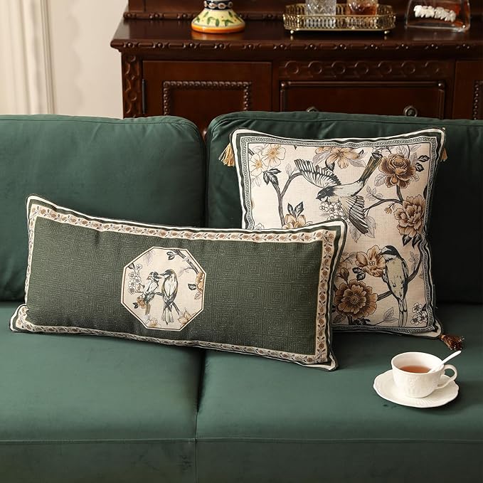 ISAENNE Design Linen Chinoiserie Lumbar Throw Pillow Covers 12"x28", Farmhouse Cushion Covers with Yellow Floral Birds Pattern Decoration Pillowcases for Bed,Living Room,Outdoor,Car