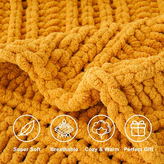 Battilo Mustard Yellow Throw Blanket for Couch, Chunky Knit Throw Blanket, 50"x60", Gold Fall Throw, Super Soft Cozy Warm Chenille Knit Blankets for Bed, Sofa, Living Room