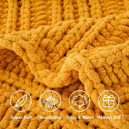 Battilo Mustard Yellow Throw Blanket for Couch, Chunky Knit Throw Blanket, 50"x60", Gold Fall Throw, Super Soft Cozy Warm Chenille Knit Blankets for Bed, Sofa, Living Room