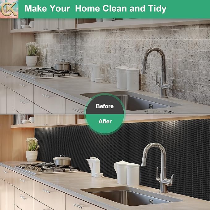 Self-Adhesive Shelf Liner Kitchen Liner, Waterproof Backed Paper Easy Peel and Stick Contact Liner Without Residue for Decor Your Desk Surface, Kitchen Countertops (Black, 35.4 x 118.1 inches)