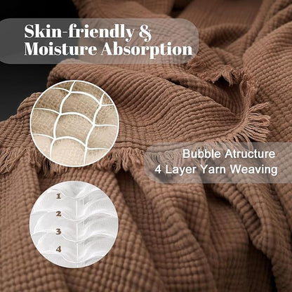 MorroMorn 100% Cotton Queen Size Bed Blanket 80"x90" Muslin Blanket with Fringes, 4-Layer Gauze Blankets for Adult, Boho Bedding Breathable Lightweight Ultra-Soft for All Seasons, Brown