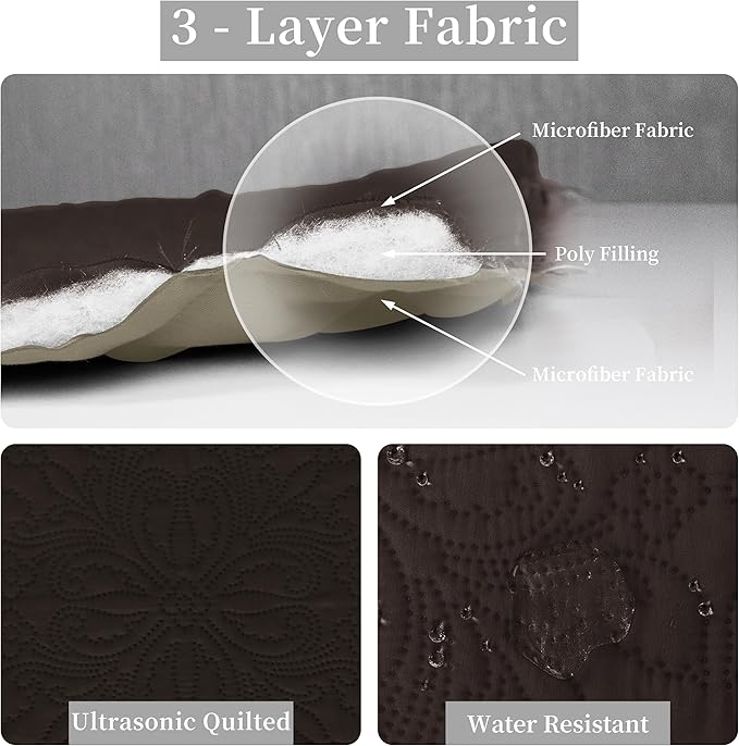 Easy-Going King Size Reversible Quilt Set with 1 Quilt and 2 Pillow Shams, Soft Bed Quilt Cover, Water Resistant Lightweight Microfiber Bedspread, Stain Resistant, Damask-Chocolate/Beige
