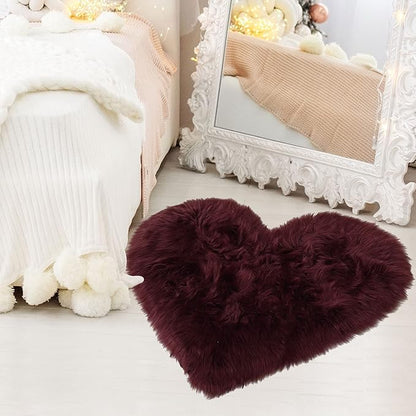 uxcell Heart Shaped Rugs for Bedroom,Small Aesthetic Carpet Girls,Cute Shaggy Floor Mirror Mat,Pastel Furry Throw Rug 2.3ftx3ft, Burgundy