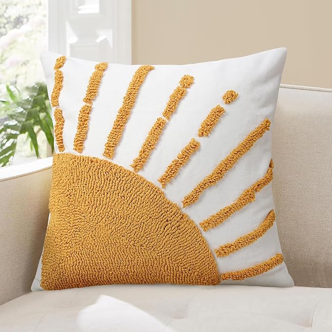 Adabana Boho Decorative Yellow Throw Pillow Covers 18x18, Tufted Sun Pillow Cover with Tassels Bohemian for Sofa Bedroom Living Room Home Decor (No Pillow Insert, 1Pc)