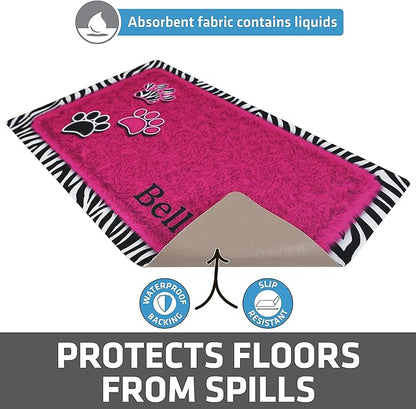 Drymate Personalized Pet Bowl Placemat, Custom Dog & Cat Food Feeding Mat - Absorbent Fabric, Waterproof Backing - Machine Washable/Durable (USA Made) (12" x 20") (Zebra Pink)