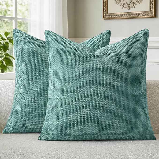 a moment Teal Chenille Throw Pillow Covers 16x16 Inch Pack of 2 Modern Decorative Throw Pillow Covers Farmhouse Cross Covers Home Decor for Sofa Bedroom Living Room