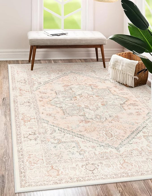 LIVEBOX Pink Area Rug 5x7 - Soft Rugs for Bedroom, Non-Slip Pink Rugs for Bedroom Girls, Vintage Washable Cute Aesthetic Rug for Nursery Dining Room, Retro Print Distressed Accent Carpet for Apartment