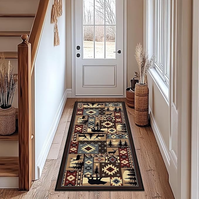 Rustic Rug 2x4,Cabin Wildlife Buffalo Plaid Bear Moose Deer Country,Ultra-Thin Throw Carpet Washable Kitchen Rug Runner Vintage Entryway Floor Mat Non Slip Indoor Door Mat for Hallway,Bedroom,Bedside
