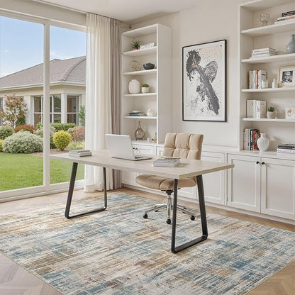 Area Rug for Living Room: 9x12 Washable Neutral Abstract Modern Soft Rugs Non Slip Indoor Floor Stain Resistant Large Carpet for Bedroom Dining Room Office Nursery - Blue Brown