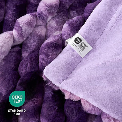 Cozy Bliss Faux Fur Throw Blanket for Couch, Cozy Warm Plush Striped Blanket for Sofa Bedroom Living Room, 60 * 80 Inches Tie-dye Purple
