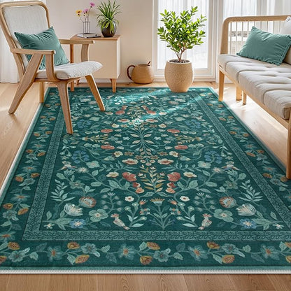 Lahome Floral Washable Rugs 5x7, Non-Slip Ultra-Thin Soft Green Area Rug Bedroom Carpet, Vintage Botanical Print Low-Pile Carpet for Living Room Kitchen Office, Dark Green