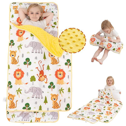 Viviland Toddler Nap Mat with Pillow and Minky Dot Blanket, Rolled Sleeping Mat/Slumber Bag for Girls Boys, Kids Nap Mat for Preschool, Daycare, Kindergarten, Travel Camping - Zoo Animal