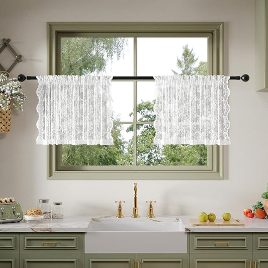 Anmao Vintage Lace Kitchen Curtains 18 Inches Long 2 Panels, Romantic Semi Sheer Floral Over Sink Lacy Cafe Curtain, Elegant Window Short Small Drapes, 55W x 18L, Pure White