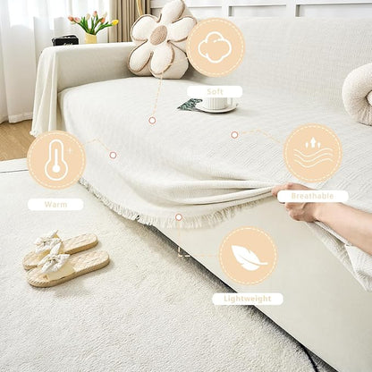 White Couch Cover Blanket Cute Geometrical Jacquard Washable Sofa Cover for Extra Large Furniture for 3 Cushion Sofa L Shaped Sectional Couch Blanket 71"x 134"
